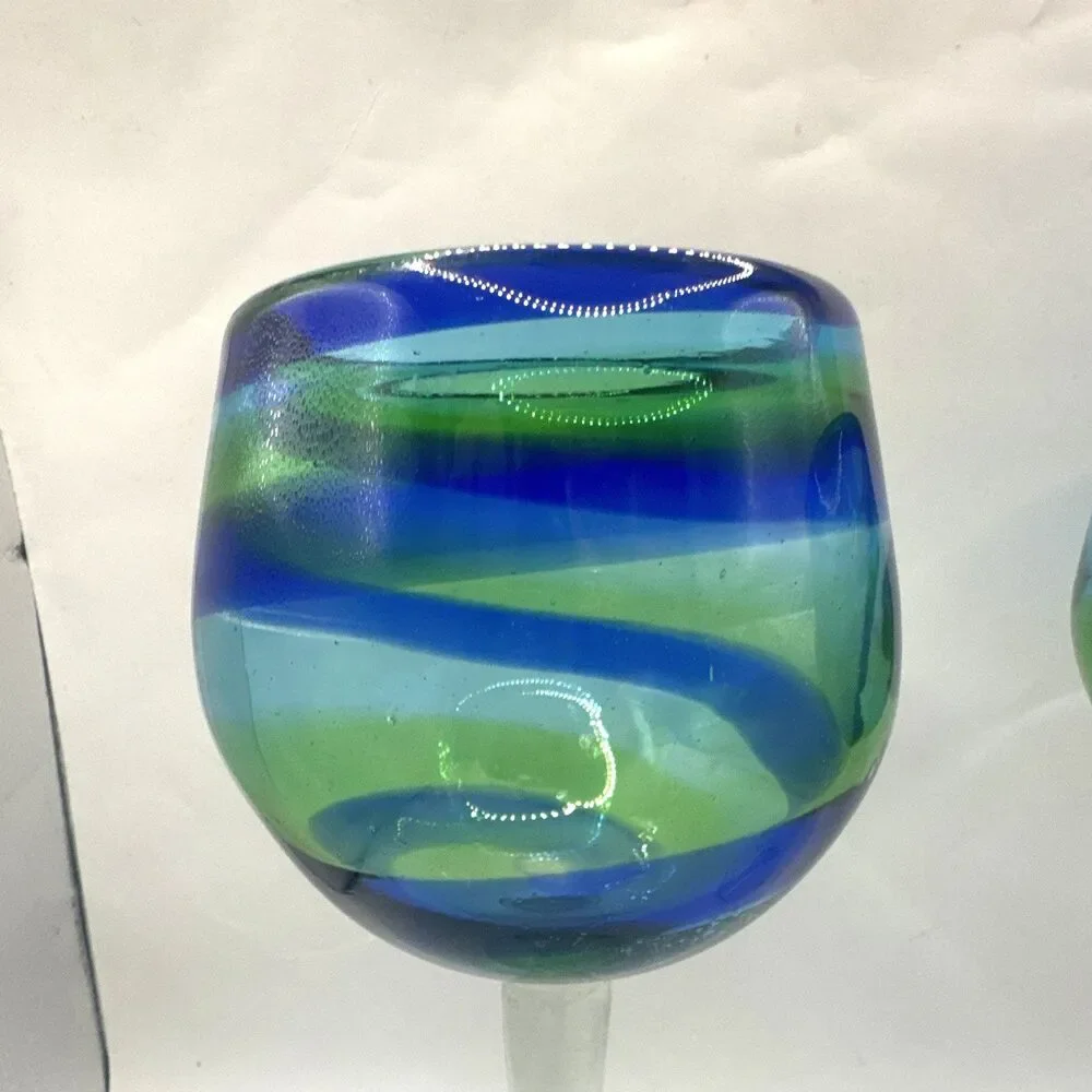 Jan Barboglio Hand Blown Swirl Wine Glasses Set of 3 Blue Green Clear